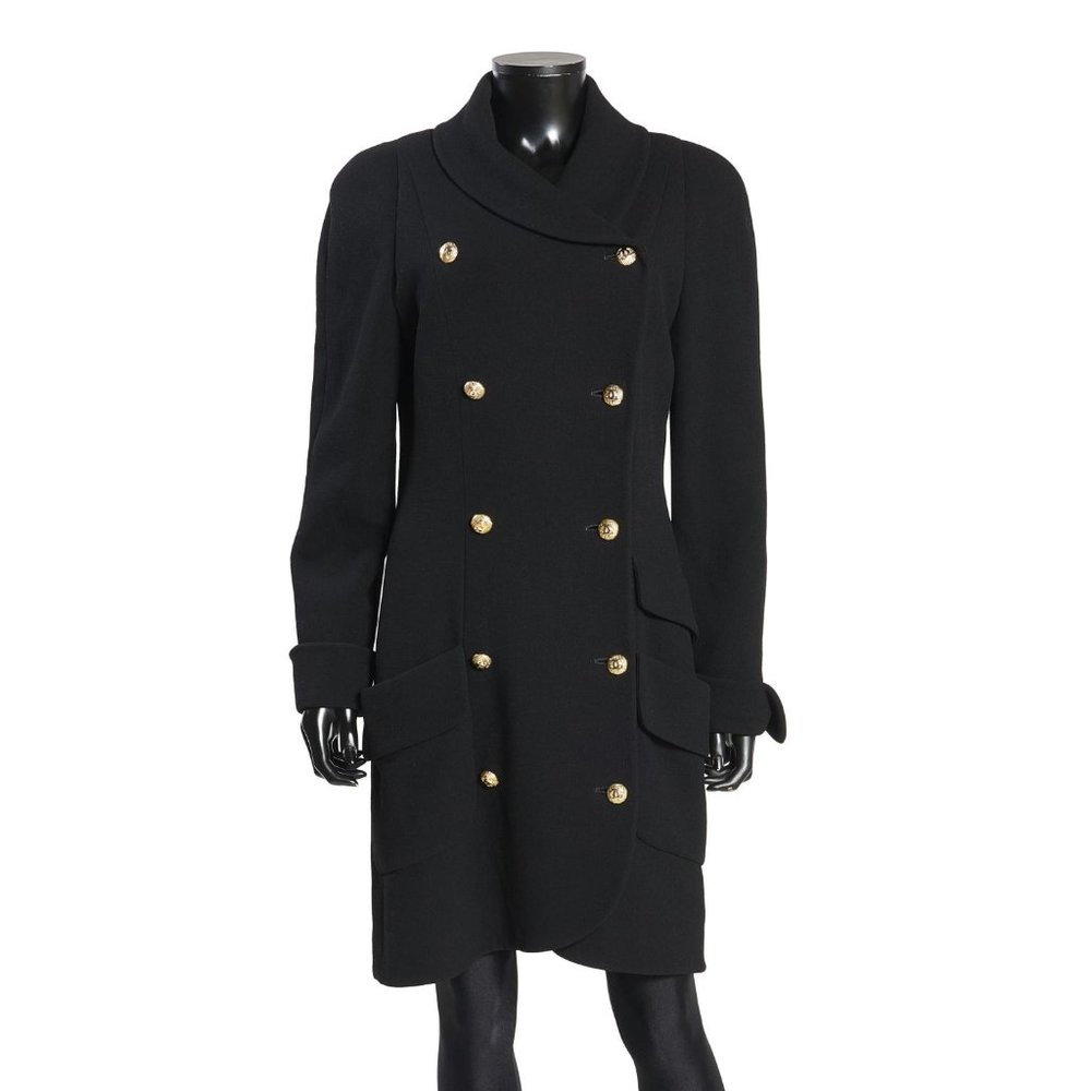Chanel Boutique Black Wool Coat Dress With Gold Chanel Buttons - Medium